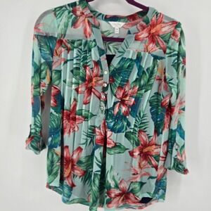 Coral Bay Petite M Blouse Tropical Hibiscus Palm Sheer Pleated Button Front EUC